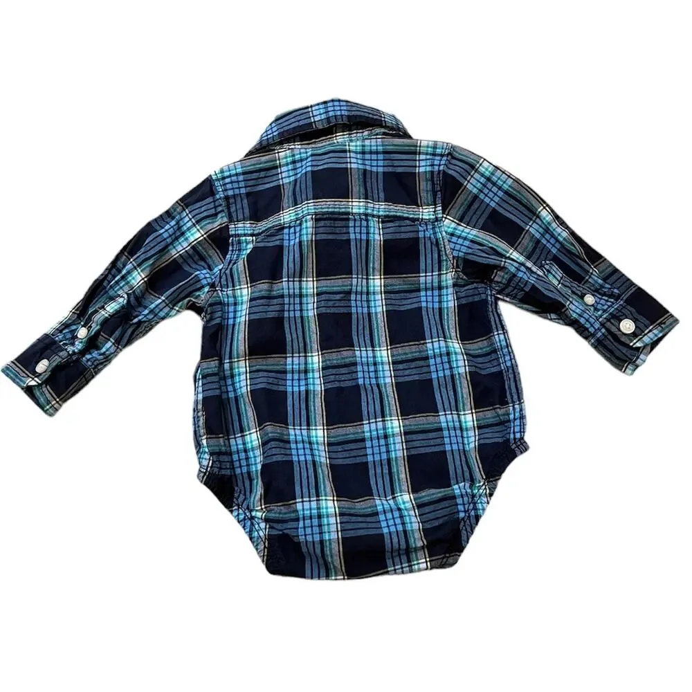 NEW Oshkosh Navy Blue Plaid Button Up Baby Onesie Shirt 6 Months